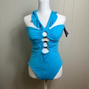 Soluna Swim Halter One Piece Swimsuit Ruffle‎ Straps Ring Detail Turquoise L